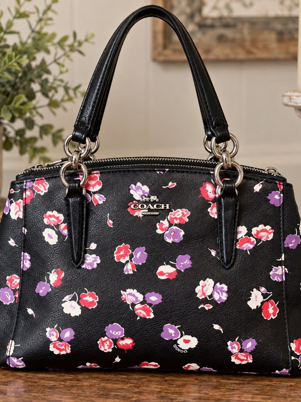 Coach Christie Carryall Wildflowers Print Silver/Black Satchel. NWOT